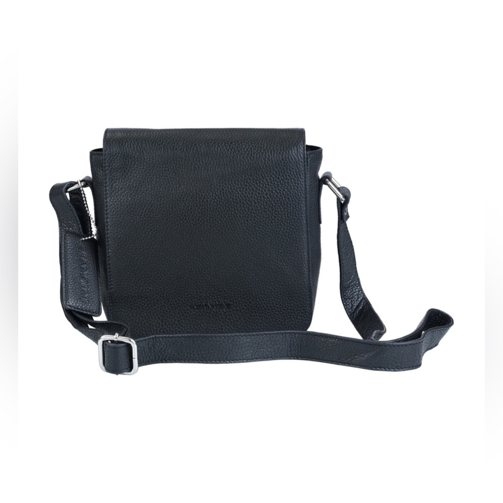 Mancini Pebbled Collection Page Leather XBODY Bag. Navy Blue.